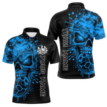 Maxcorners Blue Skull Bowling Jerseys Bowling Polo, 1/4 Zip Shirt Custom Bowling Team Shirt For Men Bowlers LM2709