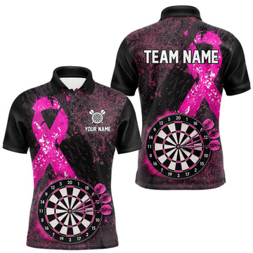 Maxcorners Personalized Pink Ribbons Grunge Darts Shirts For Men, Custom Breast Cancer Darts Team Shirts LM0410