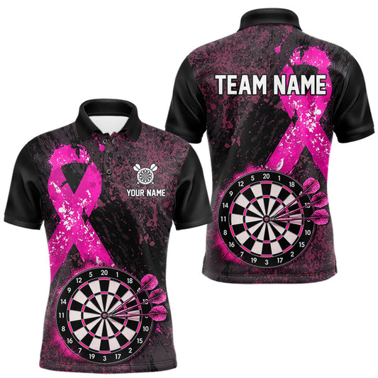 Maxcorners Personalized Pink Ribbons Grunge Darts Shirts For Men, Custom Breast Cancer Darts Team Shirts LM0410