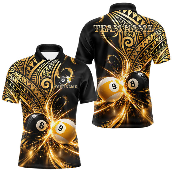 Maxcorners Custom Gold Polynesian Tribal Pool Polo 1/4-Zip Shirt For Men 8 Ball 9 Ball Light Billiard Team Jersey