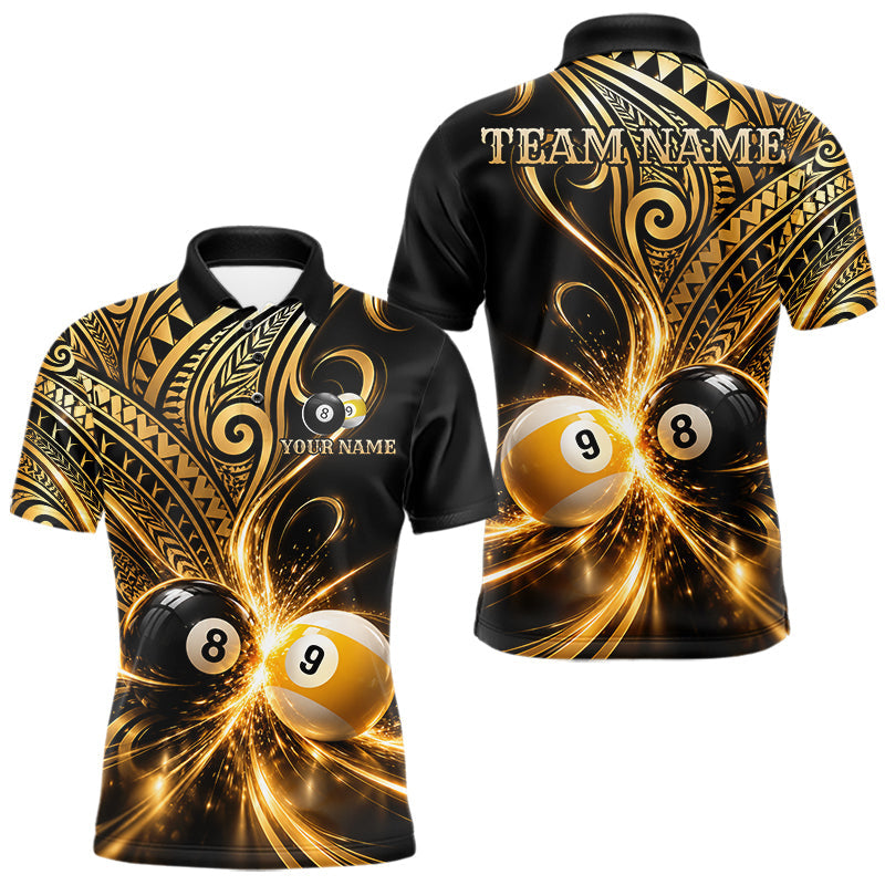 Maxcorners Custom Gold Polynesian Tribal Pool Polo 1/4-Zip Shirt For Men 8 Ball 9 Ball Light Billiard Team Jersey