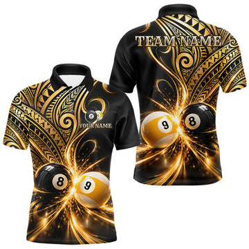 Maxcorners Custom Gold Polynesian Tribal Pool Polo 1/4-Zip Shirt For Men 8 Ball 9 Ball Light Billiard Team Jersey