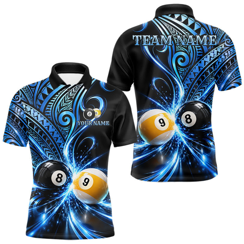 Maxcorners Custom Blue Polynesian Tribal Pool Polo 1/4-Zip Shirt For Men 8 Ball 9 Ball Light Billiard Team Jersey