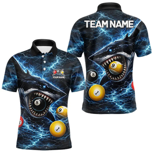 Maxcorners Thunder Blue Funny Shark Play Pool 8 Ball Men's Billiard Shirt Custom Billiard Team League Attire LM2201