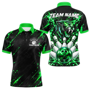 Maxcorners Custom Black And Green Neon Bowling Polo 1/4-Zip For Men Wildcat Bowler Jersey Bowling League LM2709