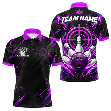 Maxcorners Custom Black And Blue Neon Bowling Polo 1/4-Zip For Men Crosshair Bowler Jersey Bowling League LM2709