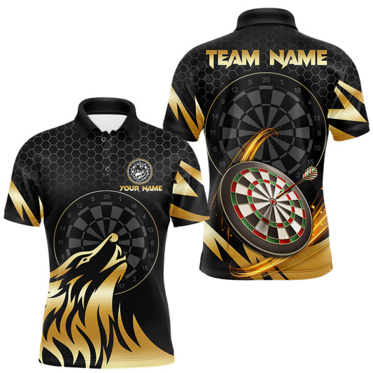 Maxcorners Black And Gold Horror Wolf Dart Shirts For Men Custom Thunder Dartboard Dart Team Name Jerseys