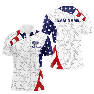 Maxcorners Custom White Bowling Ball US Flag Bowling Polo 1/4-Zip Shirt For Men Patriotic Bowling Tournament Jersey LM0410