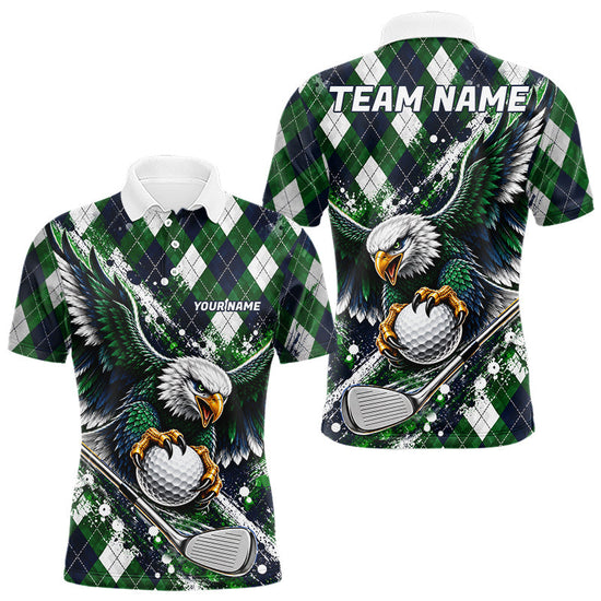 Maxcorners Green Argyle Pattern Eagle Golf Polo Shirt Custom Argyle Golf Team Golf Jersey For Men