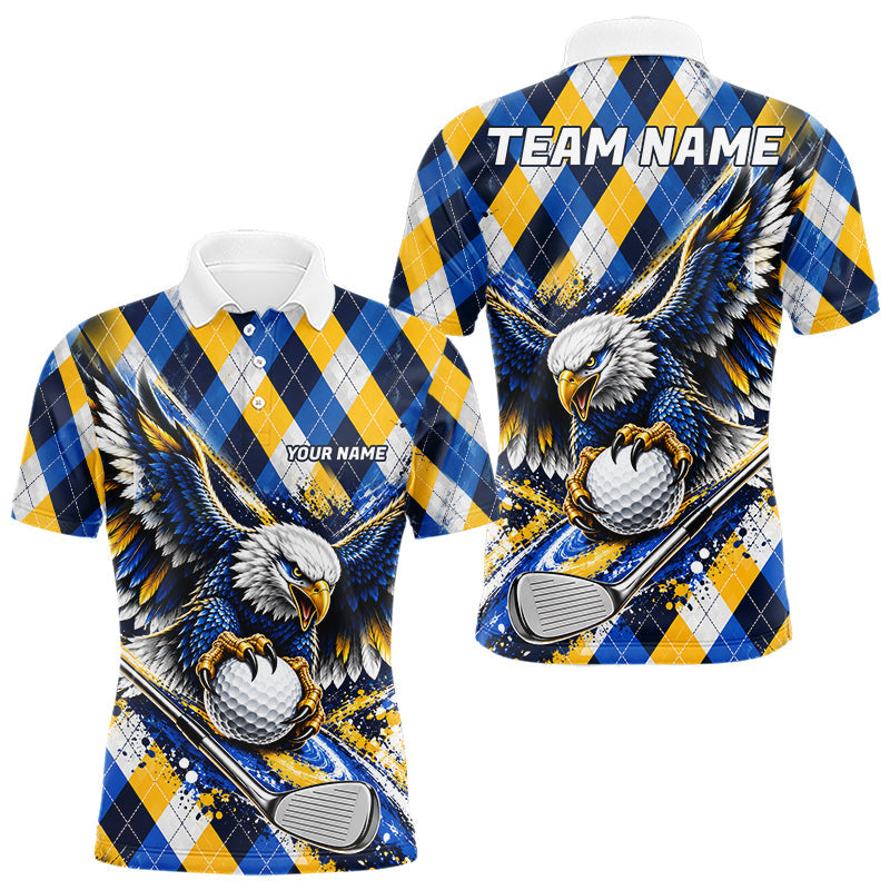 Maxcorners Blue & Yellow Argyle Pattern Eagle Golf Polo Shirt Custom Argyle Golf Team Golf Jersey For Men