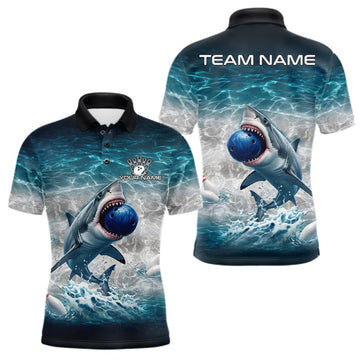 Maxcorners Blue Waving Funny Shark Bowling Polo Quarter-Zip Shirts For Men Custom Shark Bowling Team Jersey LM0409