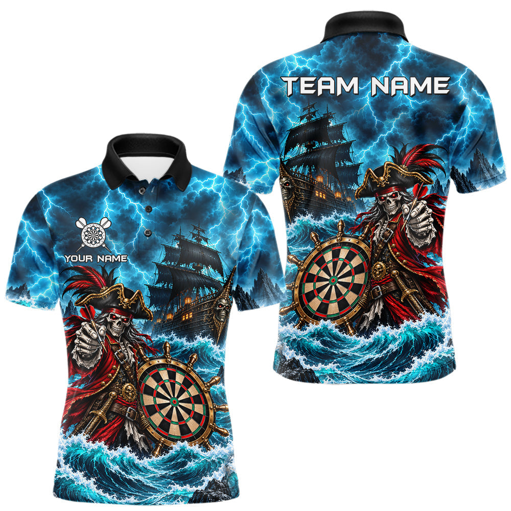Maxcorners Personalized Pirate Skeleton Ship Darts Polo 1/4-Zip Shirt For Men Custom Name Darts Team Apparel