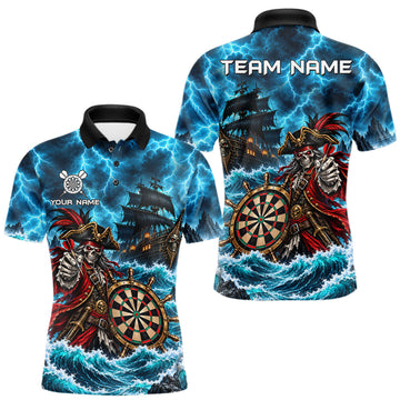 Maxcorners Personalized Pirate Skeleton Ship Darts Polo 1/4-Zip Shirt For Men Custom Name Darts Team Apparel