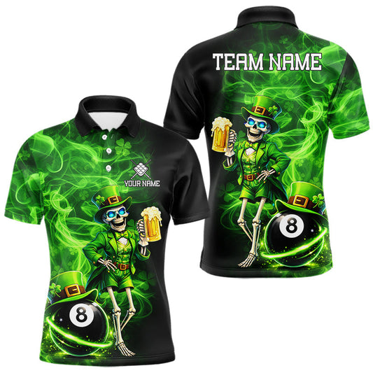 Maxcorners Fire Flame Shamrock Skeleton St Patrick's Day Men Billiard Shirts Custom Pool 8 Balls Billiard Attire LM2602