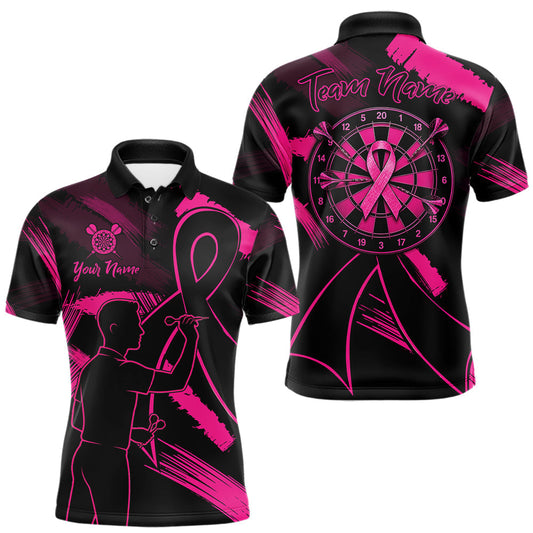 Maxcorners Custom Black & Pink Grunge Ribbon Dart Shirts For Men Breast Cancer Awareness Darts Team Jersey