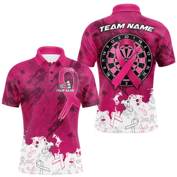 Maxcorners White & Pink Grunge Ribbons Pattern Breast Cancer Dart Shirt For Men Custom Dart Team Jerseys