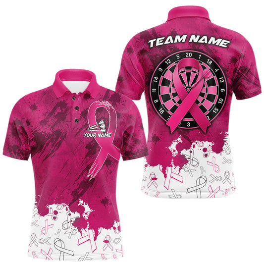 Maxcorners White & Pink Grunge Ribbons Pattern Breast Cancer Dart Shirt For Men Custom Dart Team Jerseys