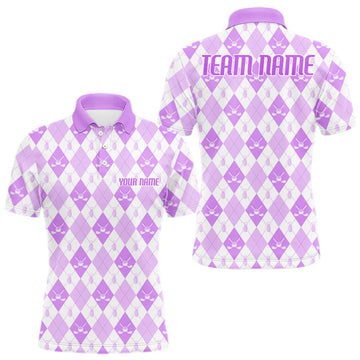 Maxcorners Mens Golf Polo Shirt Custom White And Purple Argyle Plaid Pattern Golf Team Attire Golf Gifts LM0409