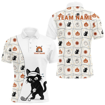 Maxcorners Custom Funny Cat Golfer Halloween Golf Polo Shirt for Men