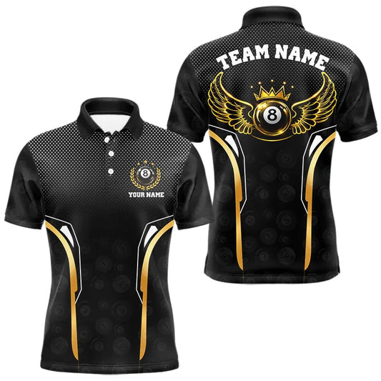 Maxcorners Black & Gold 8 Ball Crown Men's Billiard Polo & 1/4 Zip Shirt Custom Pool Billiard Jerseys LM0101