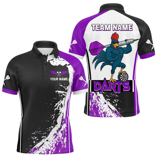 Maxcorners Purple Fiery Rooster Fury Dart Arrow Men Funny Darts Polo Shirt Custom Name Darts Jersey