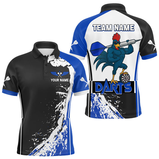 Maxcorners Blue Fiery Rooster Fury Dart Arrow Men Funny Darts Polo Shirt Custom Name Darts Jersey