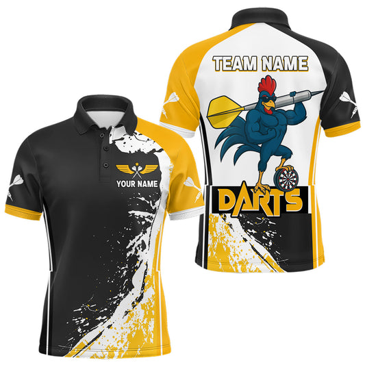 Maxcorners Yellow Fiery Rooster Fury Dart Arrow Men Funny Darts Polo Shirt Custom Name Darts Jersey