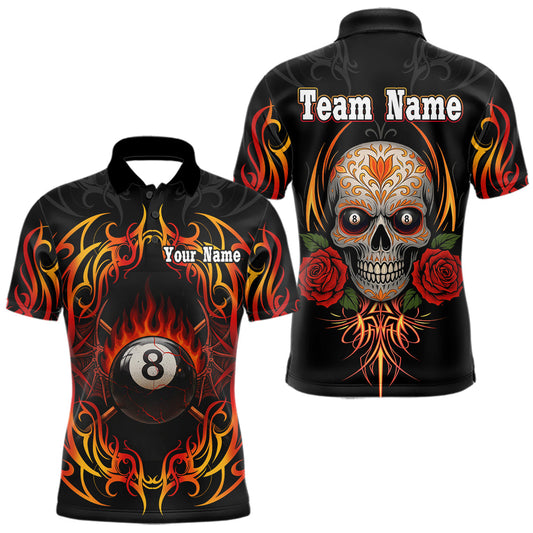 Maxcorners Skull Tribal Ball Pool Men Billiard Polo & 1/4-Zip Shirts Custom Flame 8 Ball Billiard Attire LM1904
