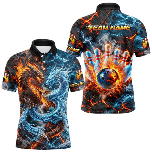 Maxcorners Dragon Bowling Polo 1/4-Zip Shirt For Men Custom Fire Ice Dragon Bowling Jersey Bowling Tournament Gift LM0510