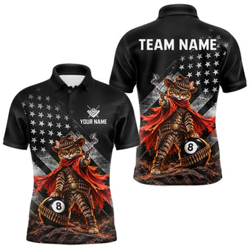 Maxcorners Cowboy Cat 8 Ball Billiard Shirt For Men Custom Name Pool Jersey US Flag Patriotic Gift For Pool Players LM0609
