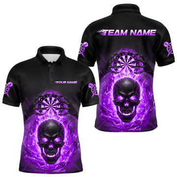 Maxcorners Custom Purple Flames Skull Broken Glass Men Darts Polo Shirt Outfits Dart Jerseys LM2603