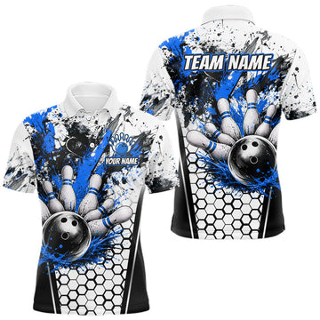 Maxcorners Custom Black And Blue Splatter Mens Bowling Shirt Splash Bowling Tournament Team Jersey