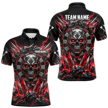 Maxcorners Custom Silver Skull Darts 1/4-Zip Polo Shirt For Men Red Thunder Darts Team Tournament Jersey