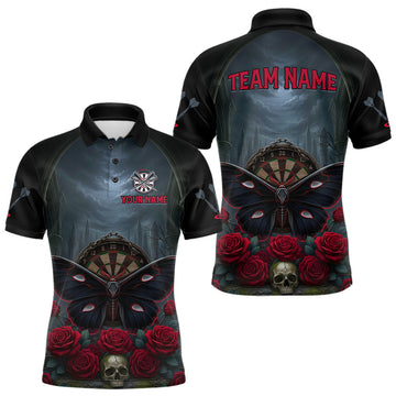 Maxcorners Red Butterfly Roses Dartboard Skull Custom Men Darts Polo Shirt Gothic Dart Jerseys LM2603