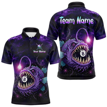 Maxcorners Custom Name Anglerfish Billiard Polo 1/4-Zip Shirt For Men Purple Thunder 8 Ball Pool Billiard Jersey