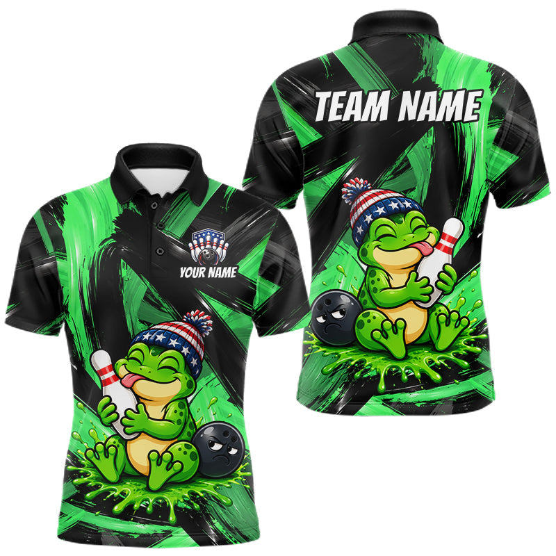 Maxcorners Custom Funny Frog Mens Bowling Shirt Personalized Name & Team Bowling Polo 1/4-Zip Green Splash Apparel