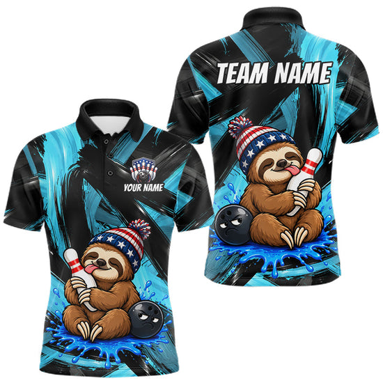 Maxcorners Custom Funny Sloth Mens Bowling Shirt Personalized Name & Team Bowling Polo 1/4-Zip Blue Splash Apparel
