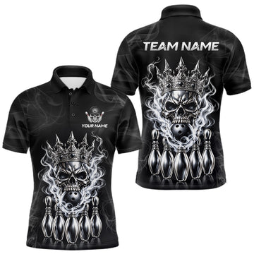 Maxcorners Custom Silver Crown Skull Bowling Jersey For Men White Smokes Bowling Polo 1/4-Zip Shirt Bowler Gift