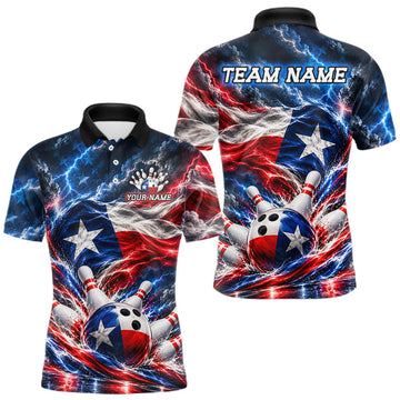 Maxcorners Texas Flag Bowling Polo 1/4-Zip Shirt For Men Custom Patriot Lightning Bowling Tournament Jersey