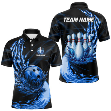 Maxcorners Mens Bowling Shirts Custom Blue Water & Flame Bowling Ball And Pins Team League Bowler Jerseys