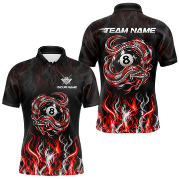 Maxcorners Custom Snake 8 Ball Billiard Polo 1/4-Zip Shirt For Men White & Red Flaming Billiard Pool Team Jersey