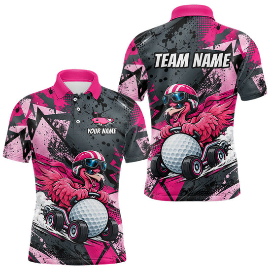 Maxcorners Personalized Golf Polo Shirt For Men Custom Name Racing Flamingo Funny Golf Team Tournament Jersey