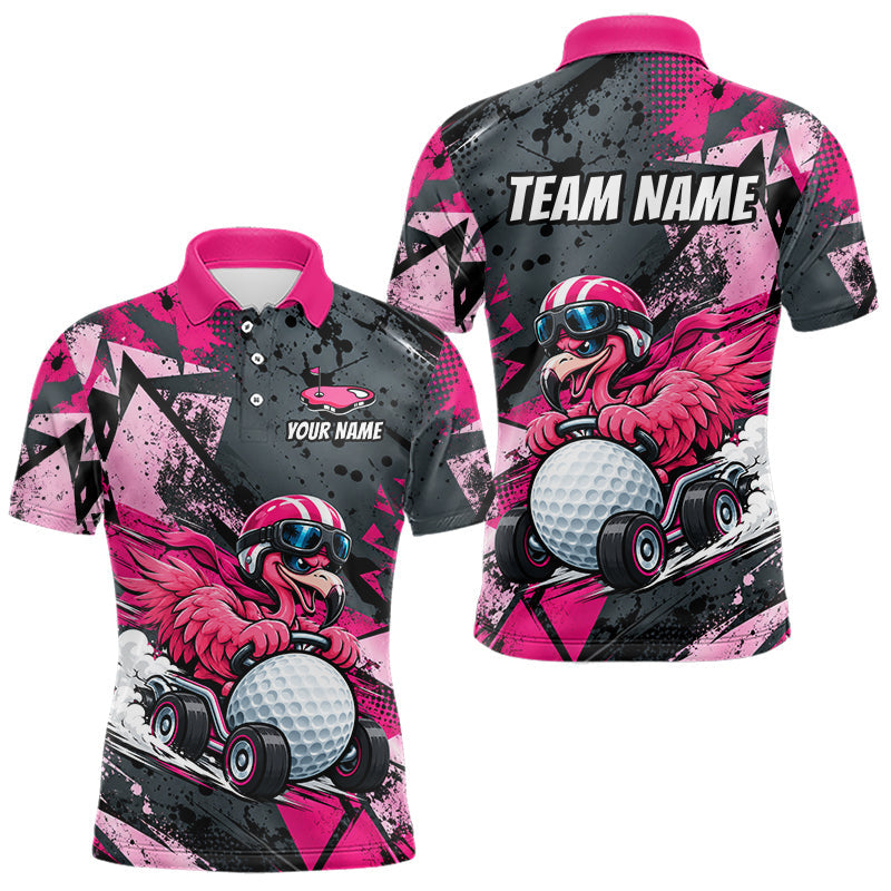 Maxcorners Personalized Golf Polo Shirt For Men Custom Name Racing Flamingo Funny Golf Team Tournament Jersey