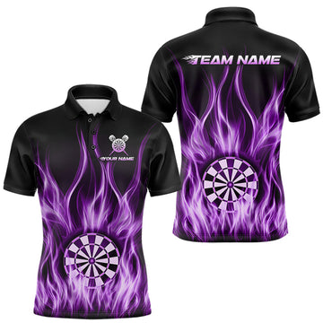 Maxcorners Custom Purple Fire Flames Darts Shirt For Men Customized Team Darts Polo 1/4-Zip Jersey