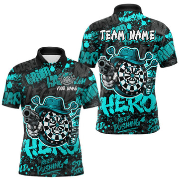 Maxcorners Black & Teal Graffiti Dartboard Cowboy Gun Men Darts Polo 1/4 Zip Shirts Custom Darts Team Jersey LM1508