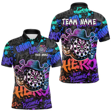 Maxcorners Black And Colorful Graffiti Dartboard Cowboy Gun Men Darts Polo 1/4 Zip Shirts Custom Darts Team Jersey LM1508