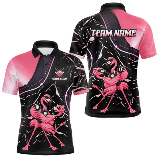 Maxcorners Dancing Flamingo Billiard Polo 1/4-Zip Shirt For Men Custom 8 Ball Pool Shirt Gift For Couples |Pink