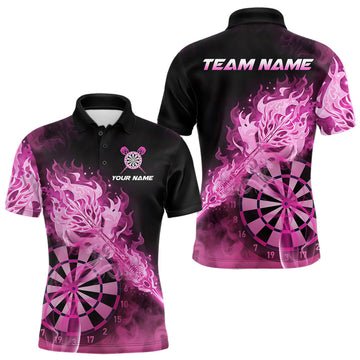 Maxcorners Custom Smoke Pink Fire Flaming Dart Arrow Men Darts Polo League Shirts Dart Team Jerseys