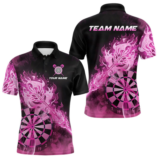 Maxcorners Custom Smoke Pink Fire Flaming Dart Arrow Men Darts Polo League Shirts Dart Team Jerseys