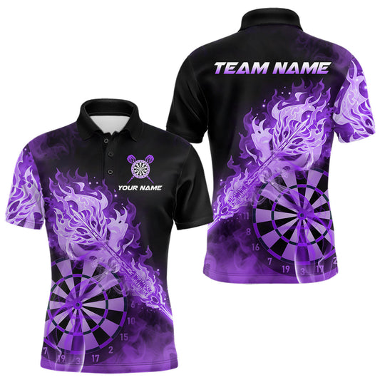 Maxcorners Custom Smoke Purple Fire Flaming Dart Arrow Men Darts Polo League Shirts Dart Team Jerseys